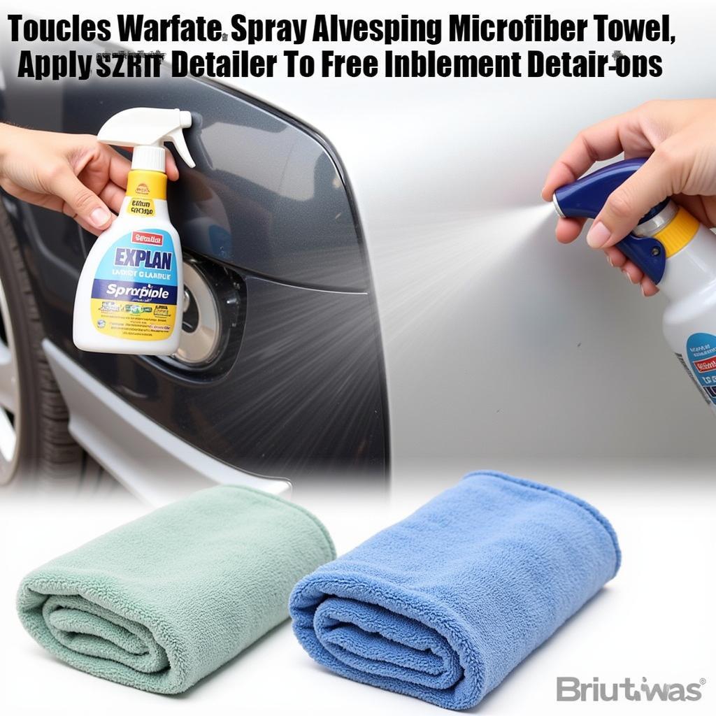 Applying car detailer spray to a microfiber towel