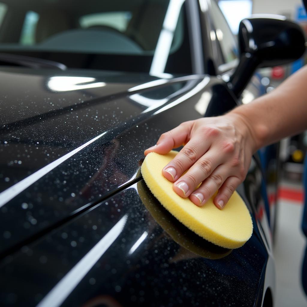 Applying car wax during detailing process