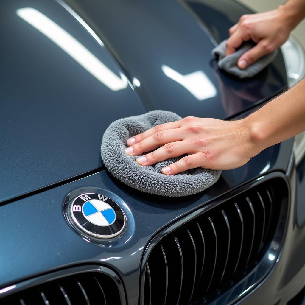 Meticulously Applying Car Wax to a Gleaming BMW