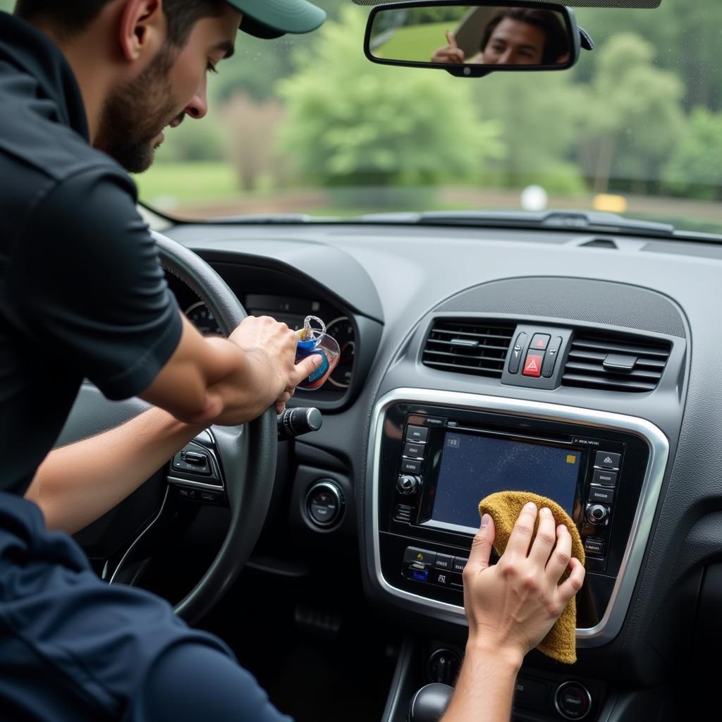 Applying protectant to car dashboard