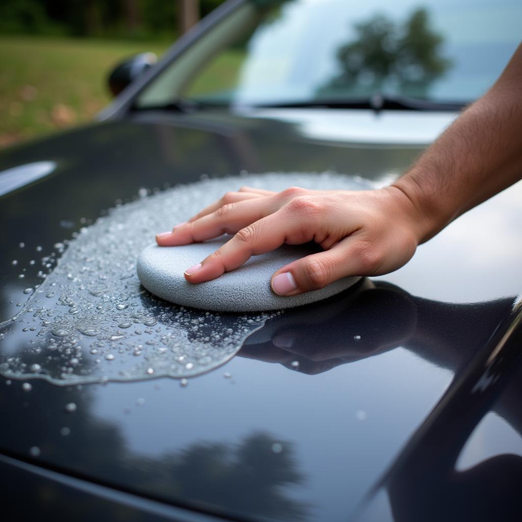 Applying car wax during exterior detailing process for paint protection