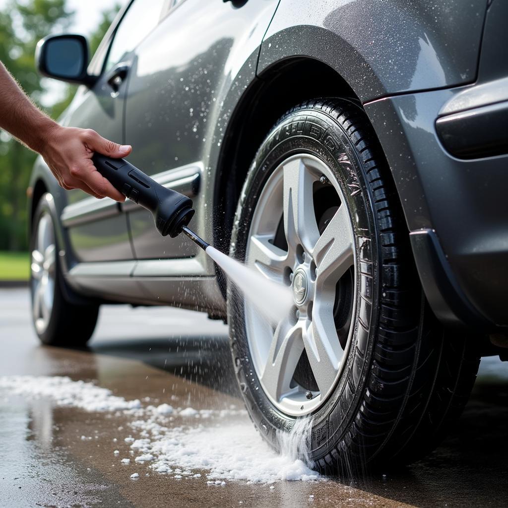 Beginner pressure washer being used on a car