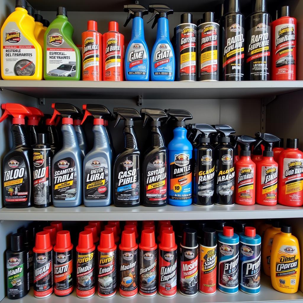 Car detailing product kit on a shelf