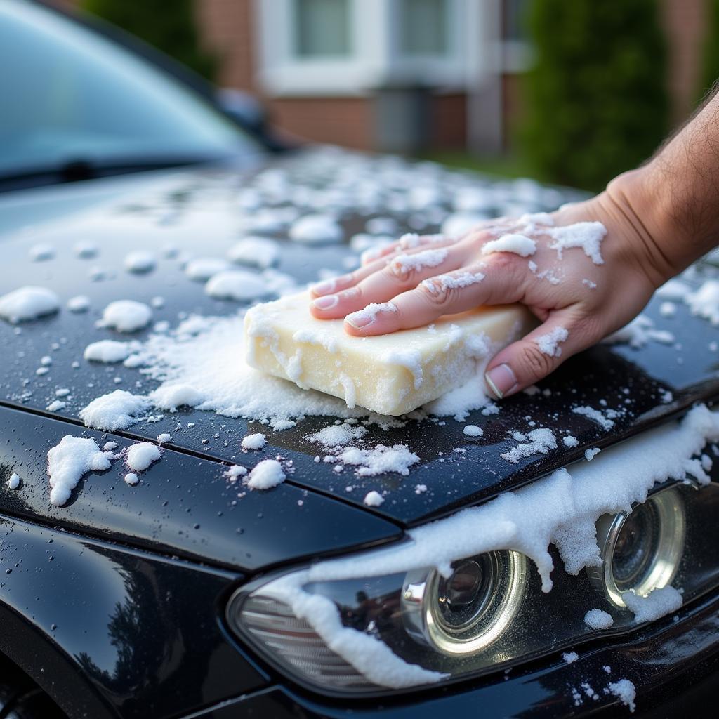 Car wash mitt covered in thick foam.