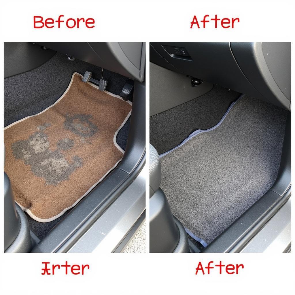 Car Carpet Stain Removal: Before and after photos of a car carpet stain being professionally removed during a detailing service.