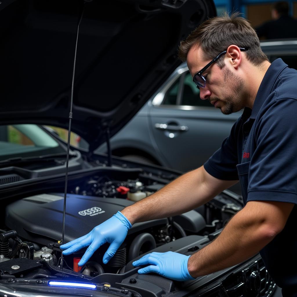 Car detailer using black light to inspect for fluid leaks in engine bay