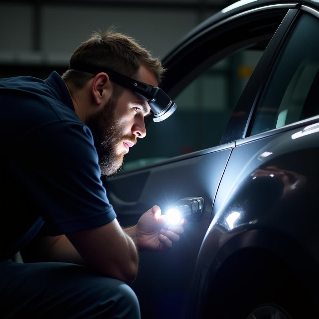 Car Detailer Inspecting Paint