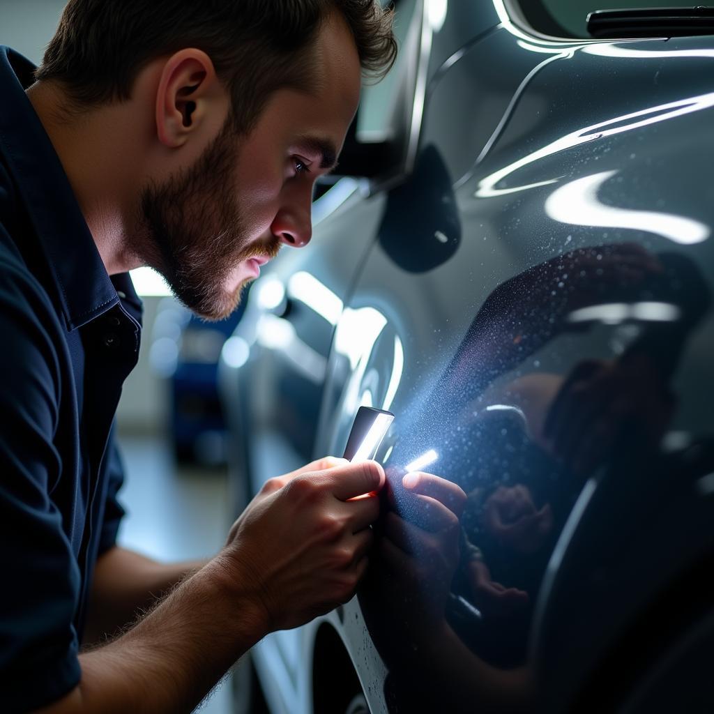 Car Detailer Inspecting Paint