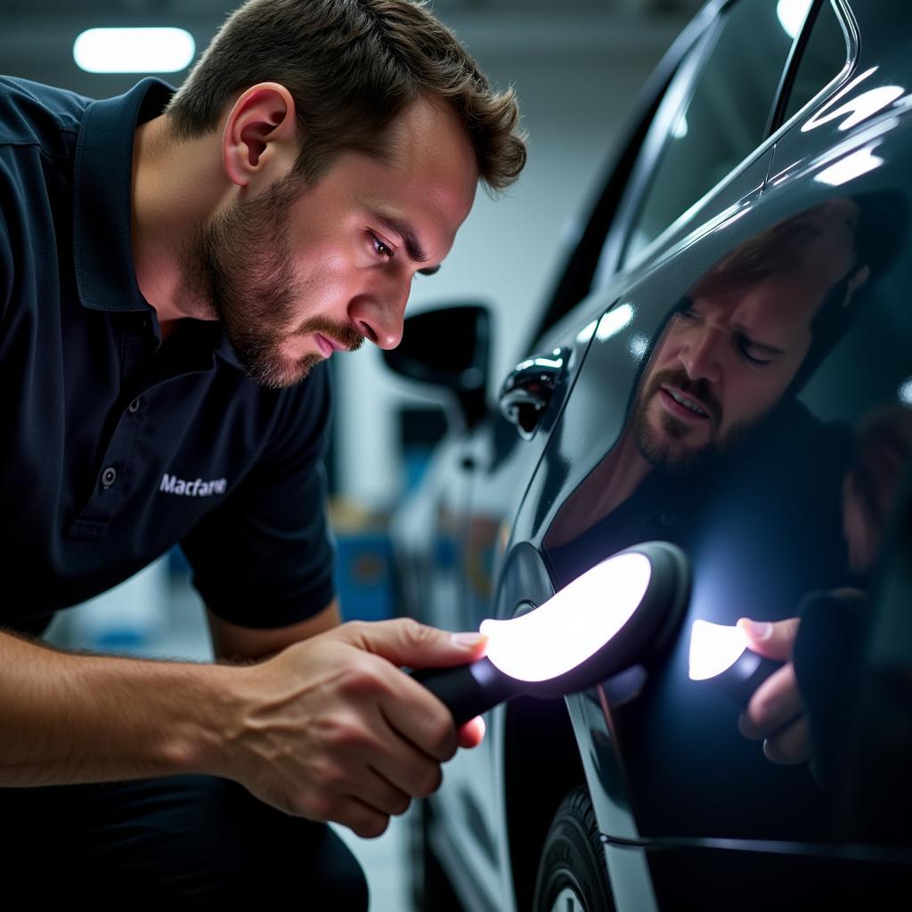 Car Detailer Inspecting Paint