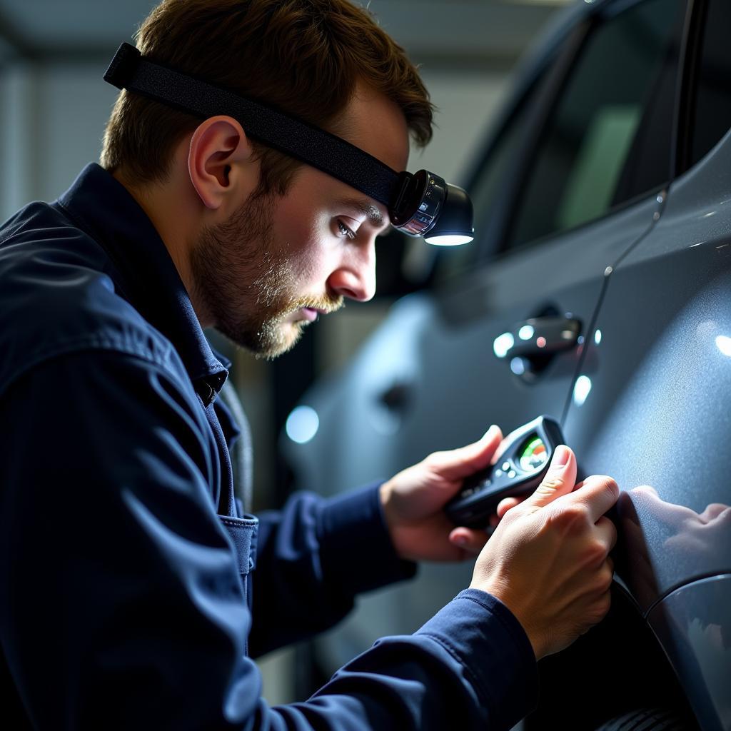 Car detailer inspecting paint with a specialized light