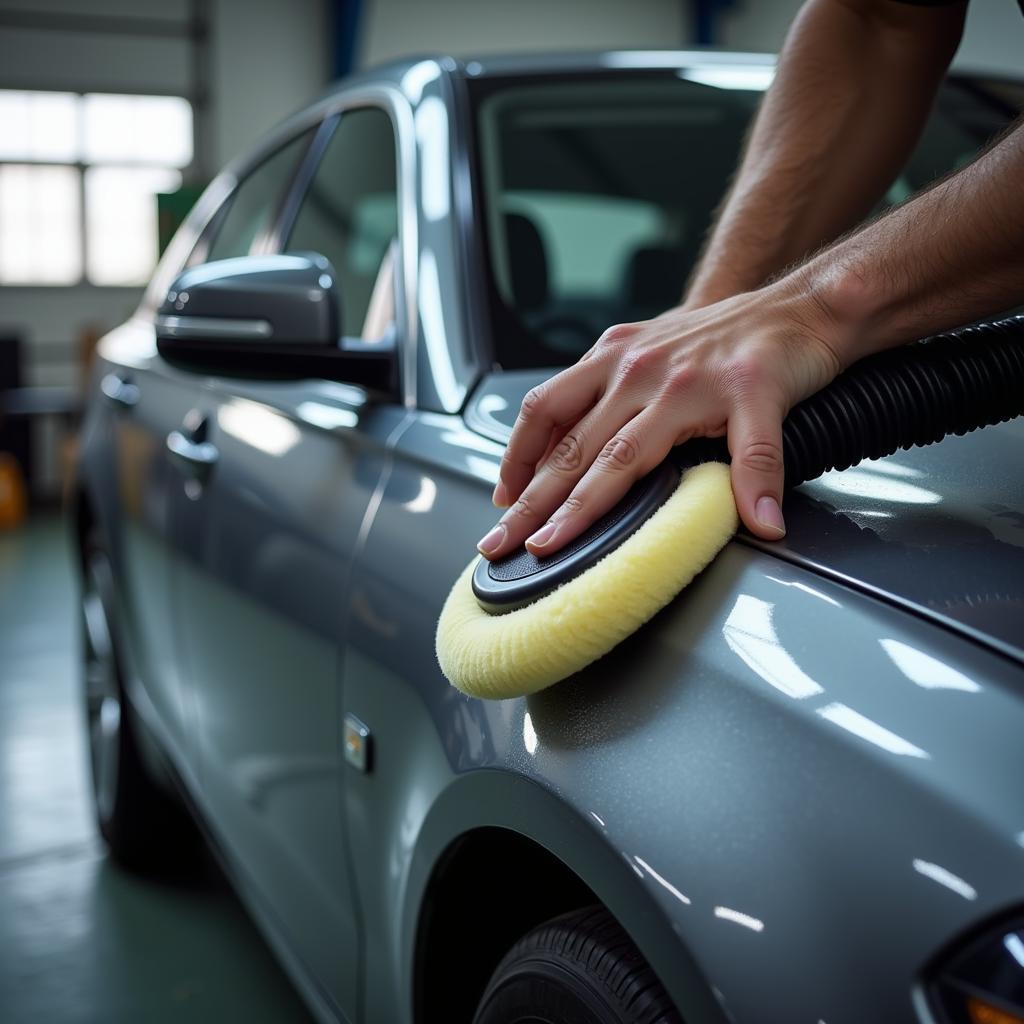 Car detailer meticulously polishing a vehicle