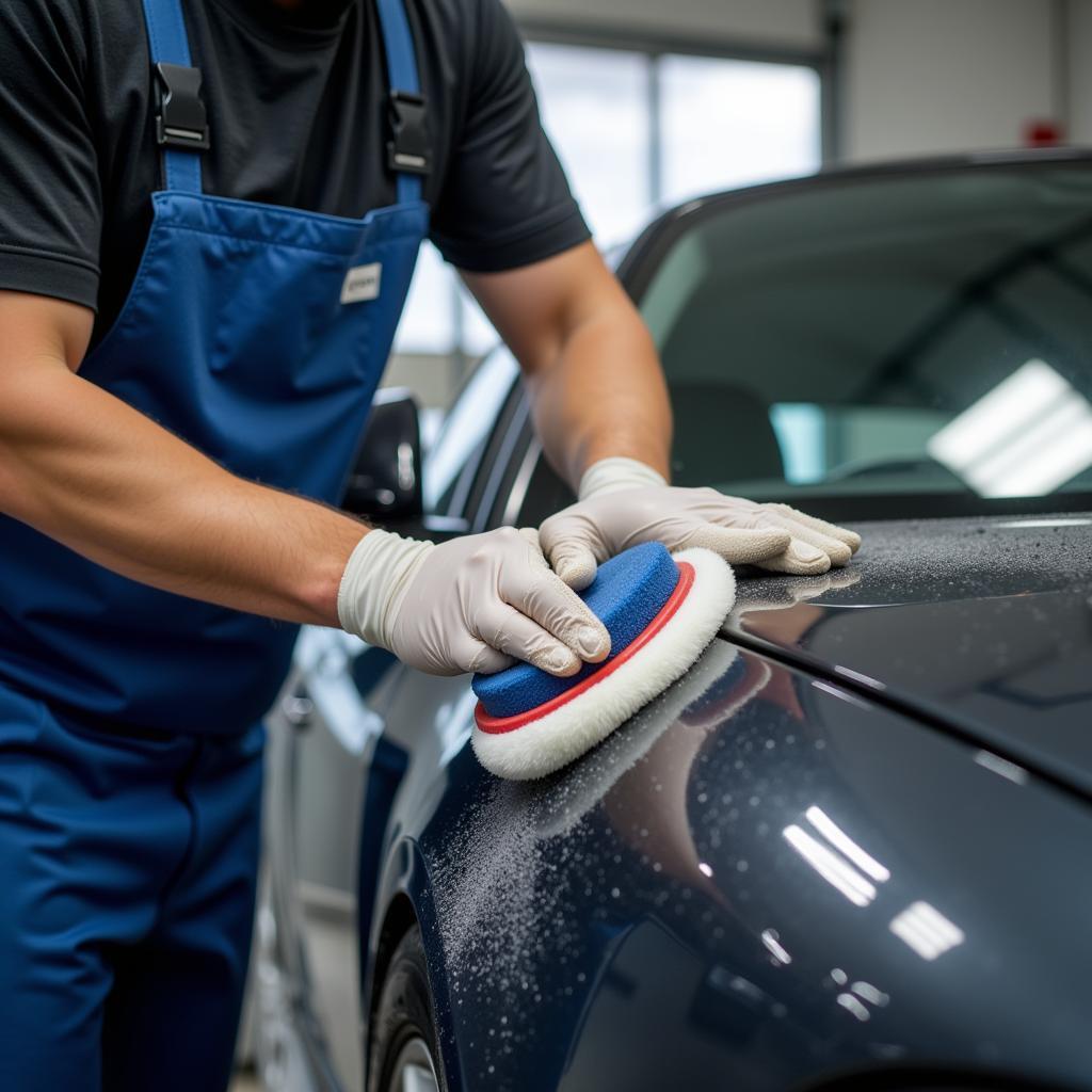 Car Detailer Meticulously Polishing a Car