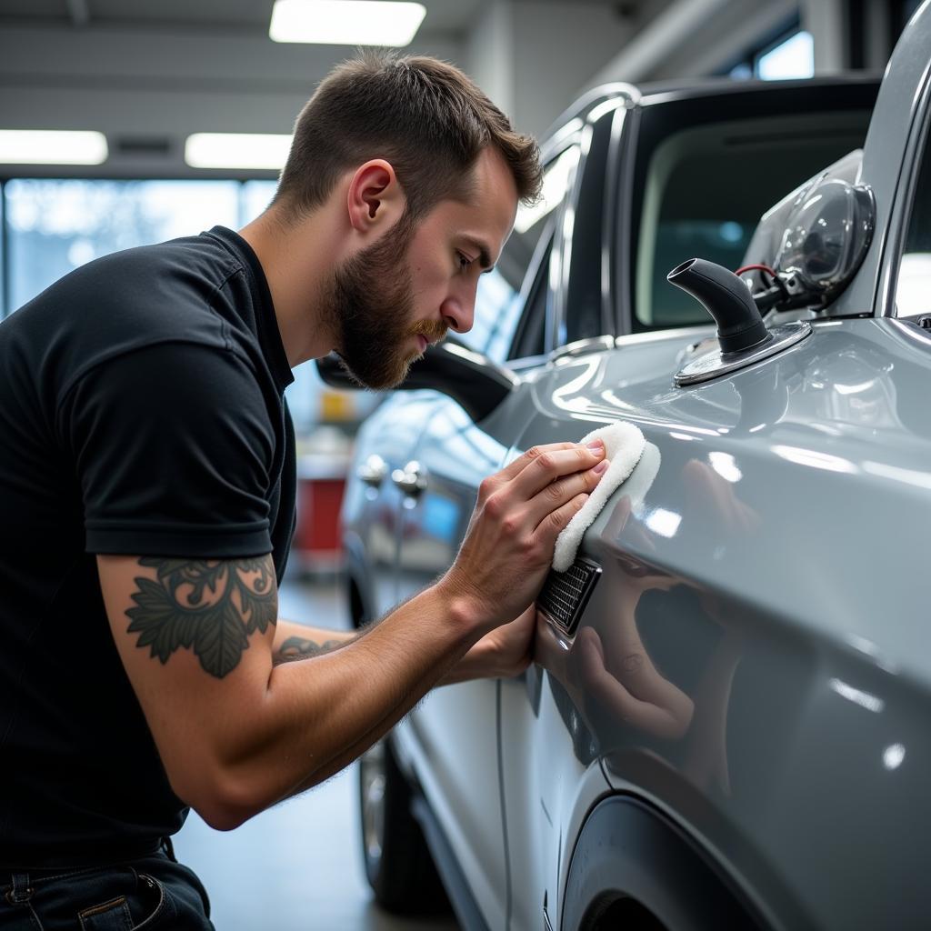 Car detailer polishing a car