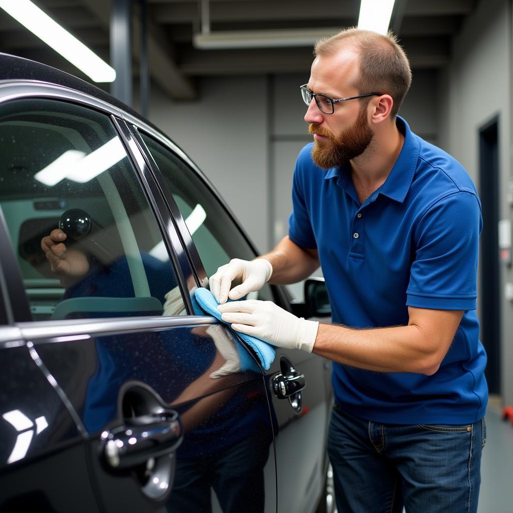 Car detailer polishing a vehicle