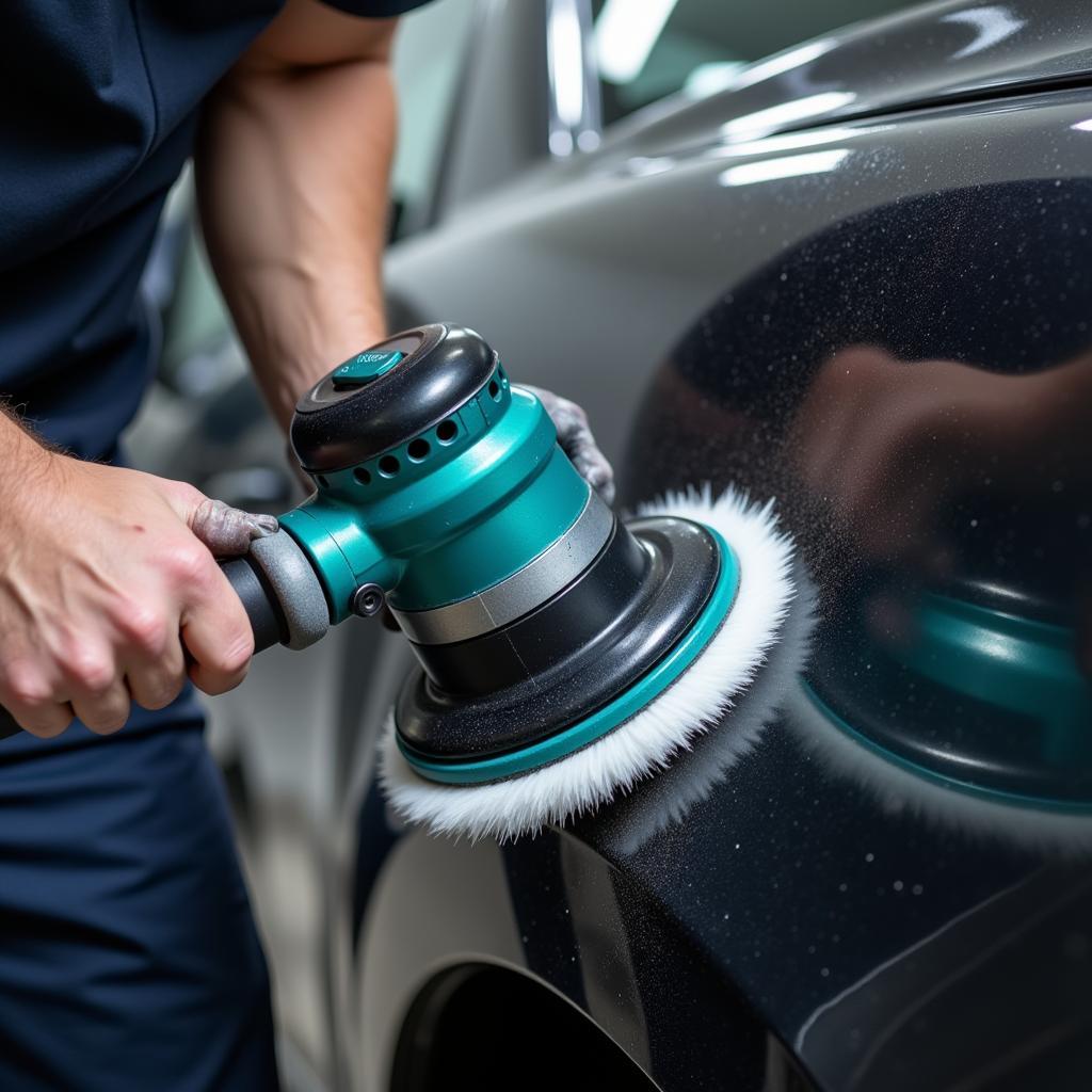 A car detailer meticulously polishing a vehicle