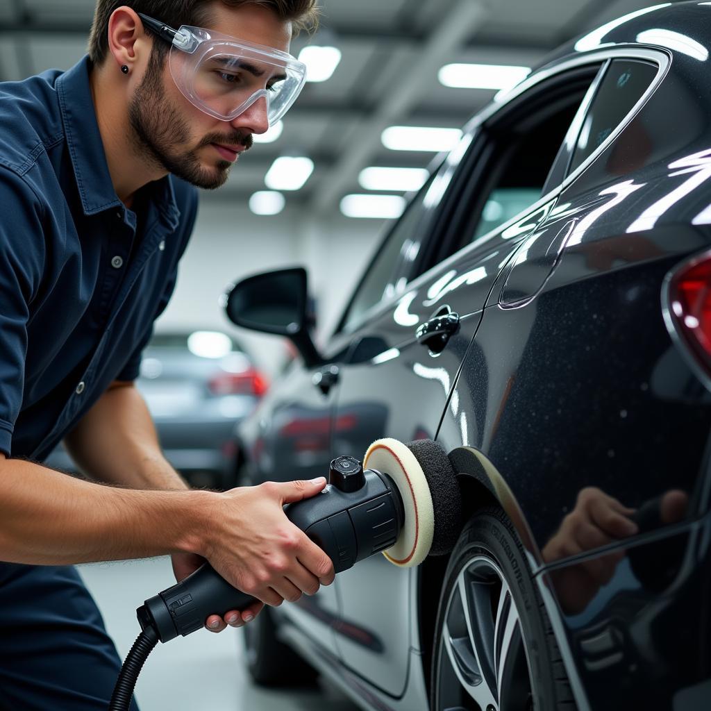 Professional Car Detailer Polishing a Vehicle