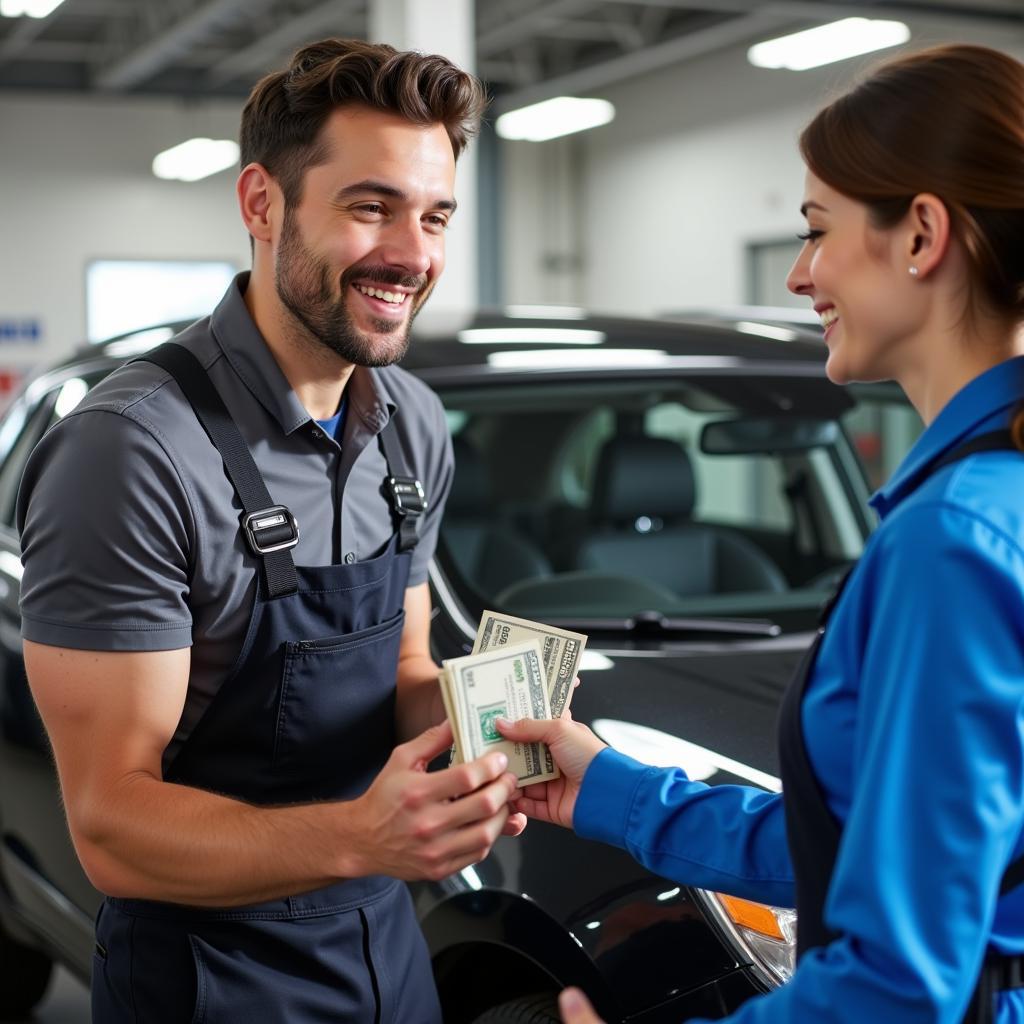 Car Detailer Receiving Tip from Satisfied Customer