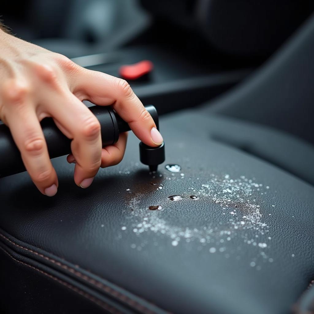 Car Detailer Removing Stubborn Stain from Car Seat