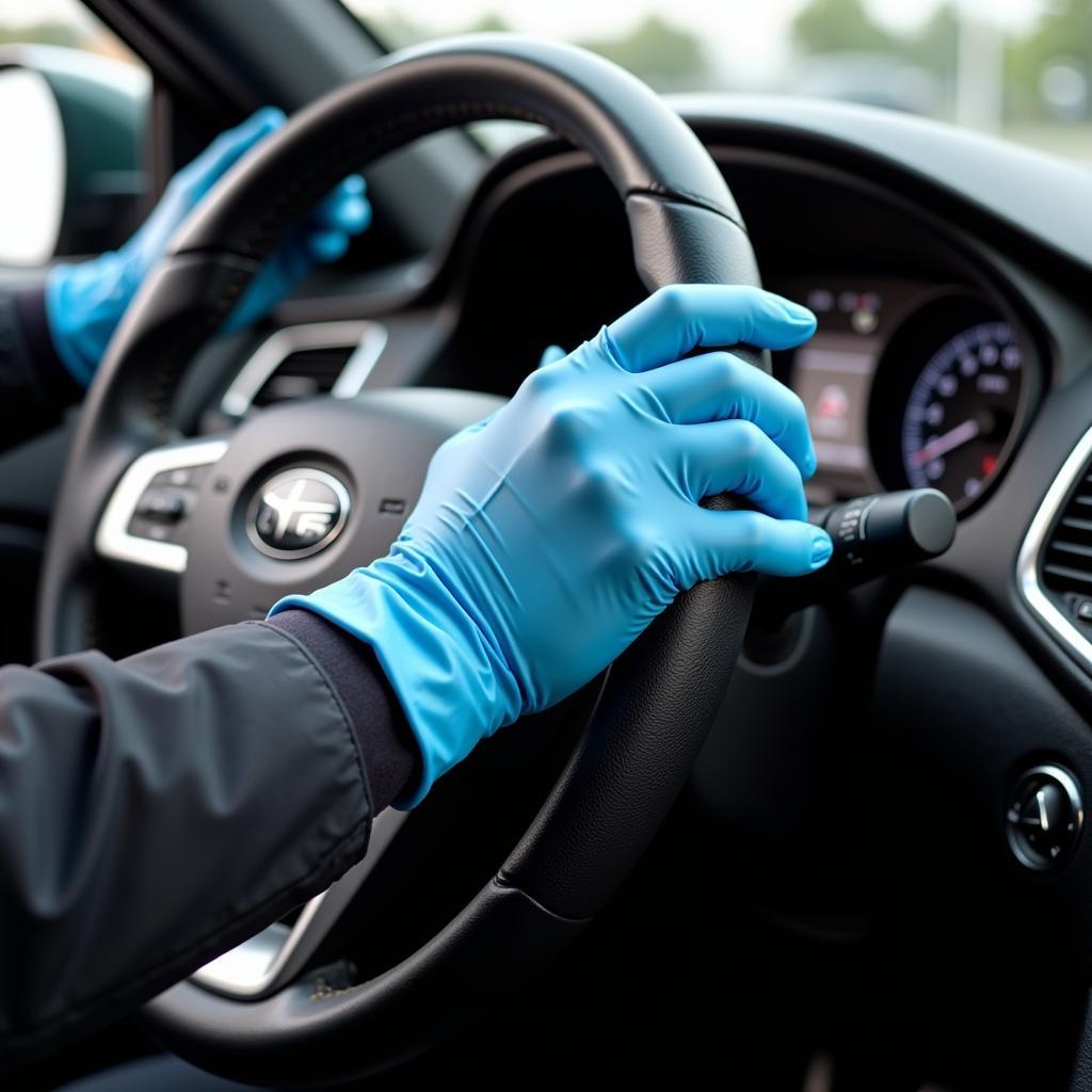 Car Detailer Sanitizing Steering Wheel