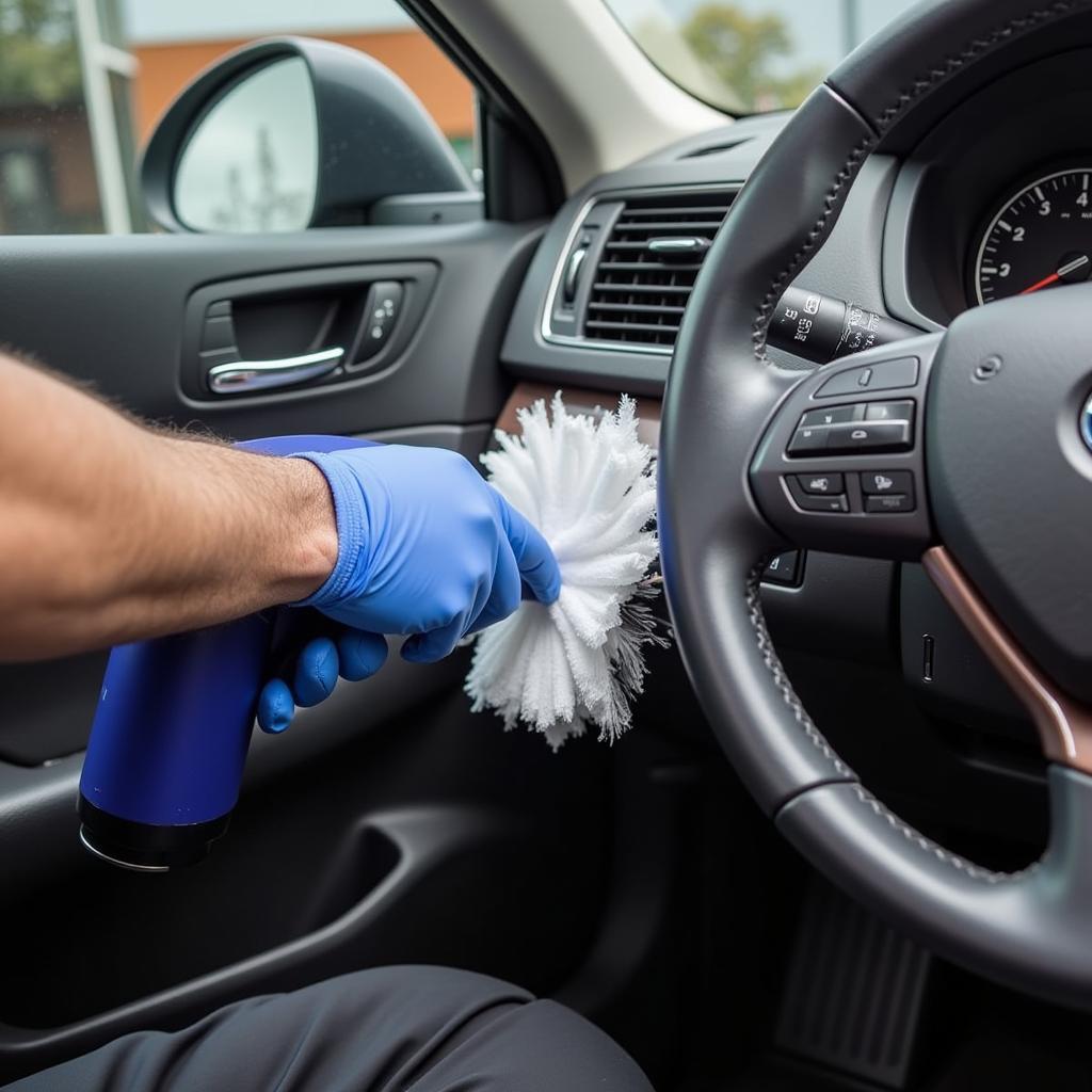 Car detailer using an air blower on car vents