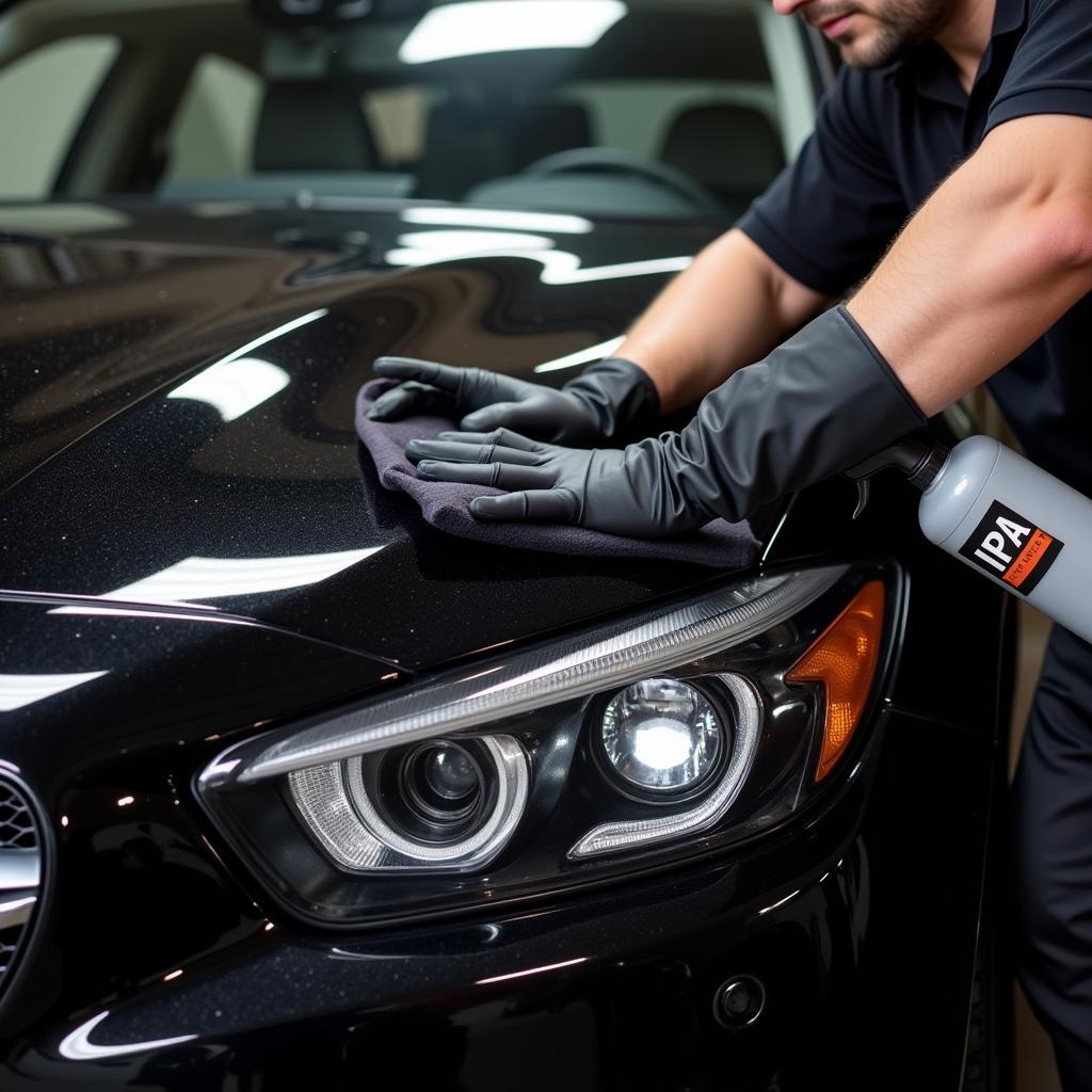 Car detailer using Isopropyl Alcohol spray on car paint