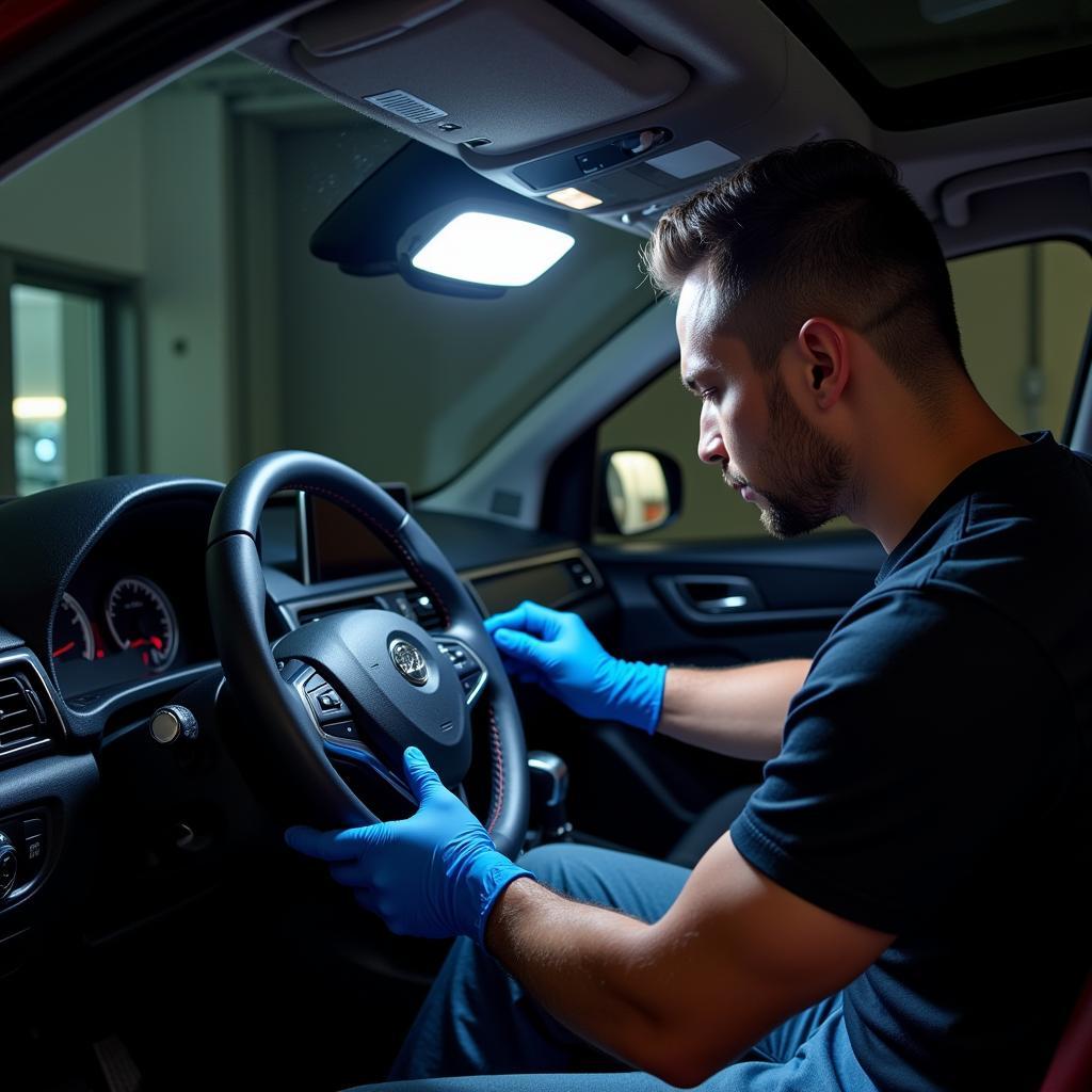 Car Detailer Using Light on Car Interior 