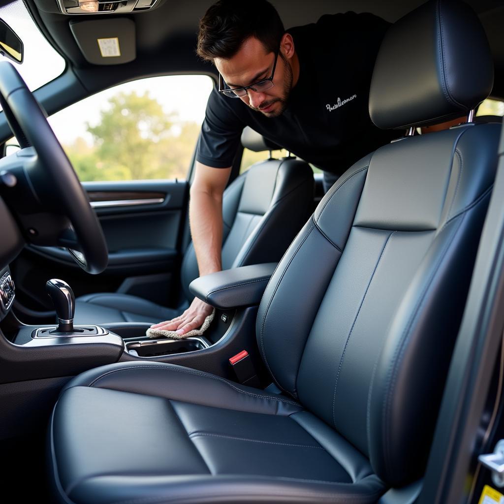 Car detailer wiping down car seats with a microfiber cloth