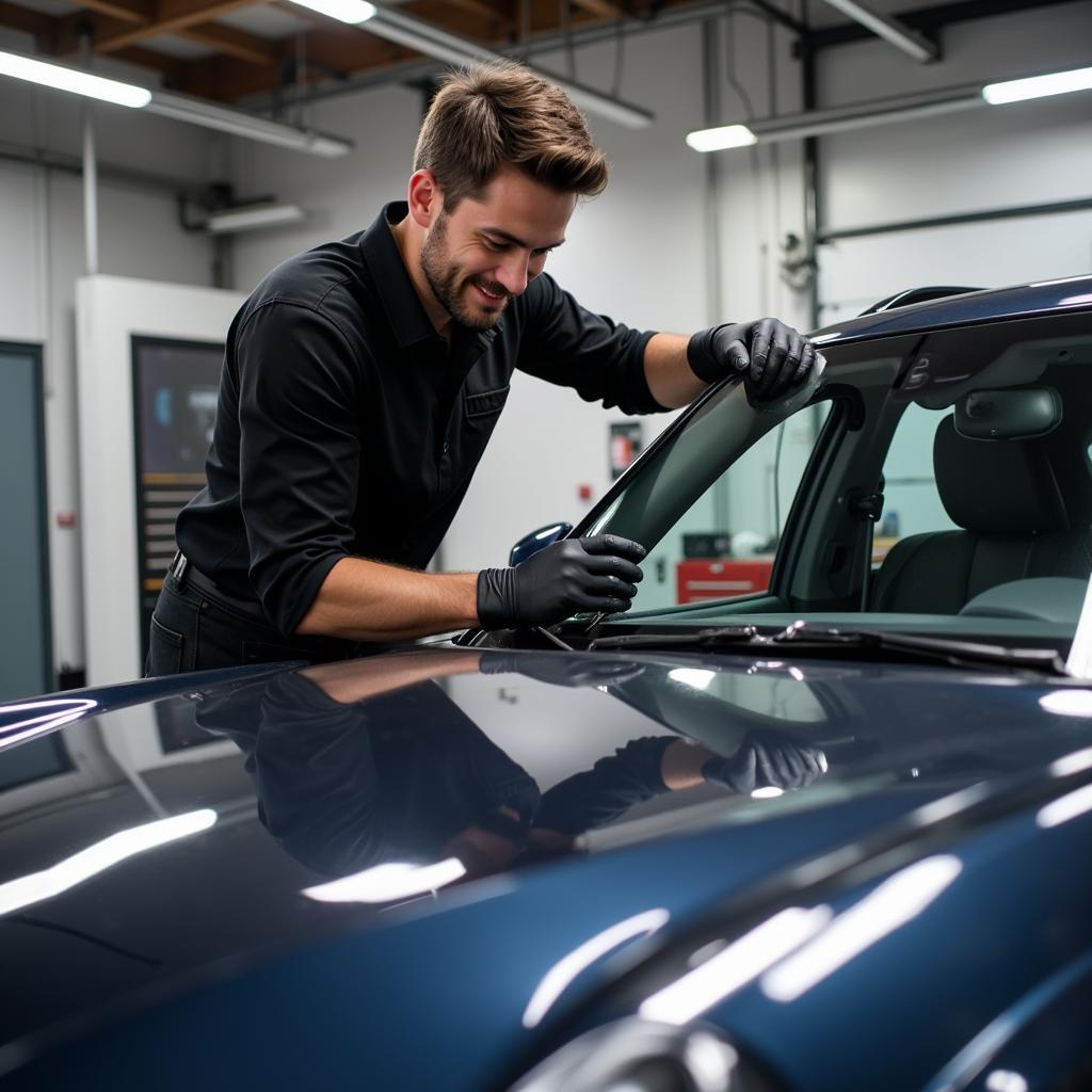 Confident Car Detailer working on a car, knowing they are insured