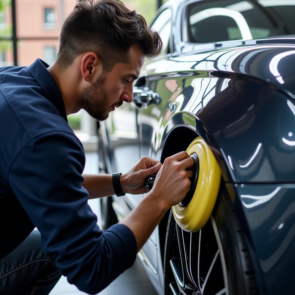 Car Detailer Polishing a Luxury Vehicle