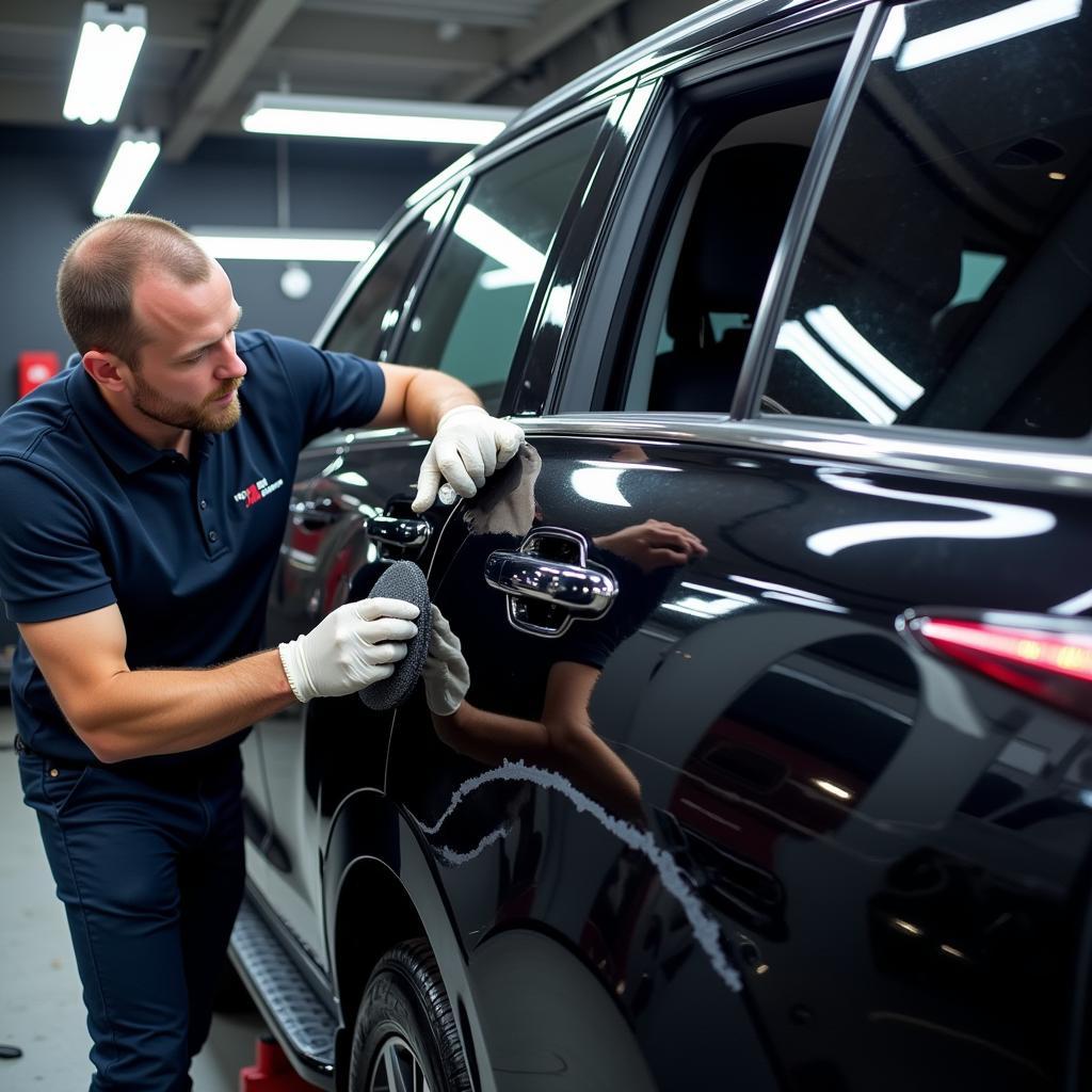 Car Detailer Working on Vehicle Exterior