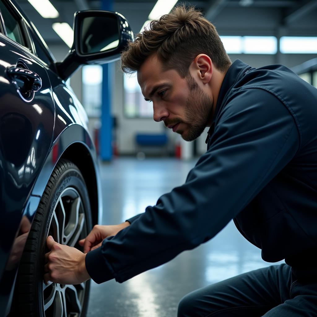 Car Detailing Expert Inspecting Vehicle Paint