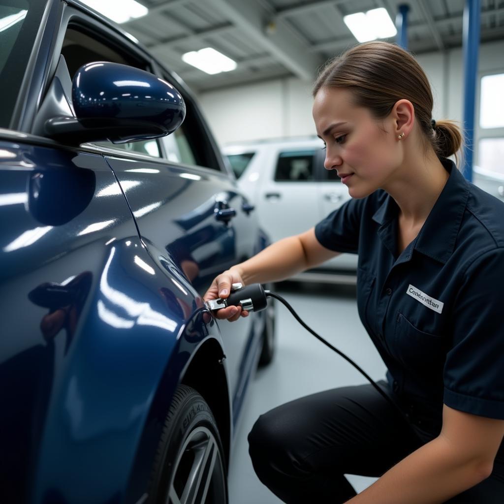 Experienced car detailer inspecting car paint in London Ontario