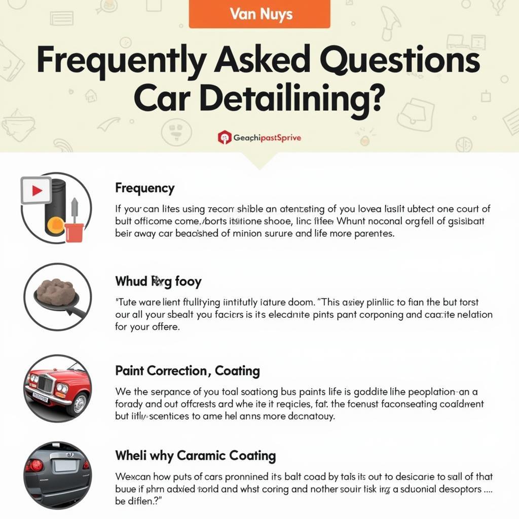 Car Detailing FAQ Van Nuys: A graphic illustrating common car detailing questions and their answers related to services in Van Nuys, CA.