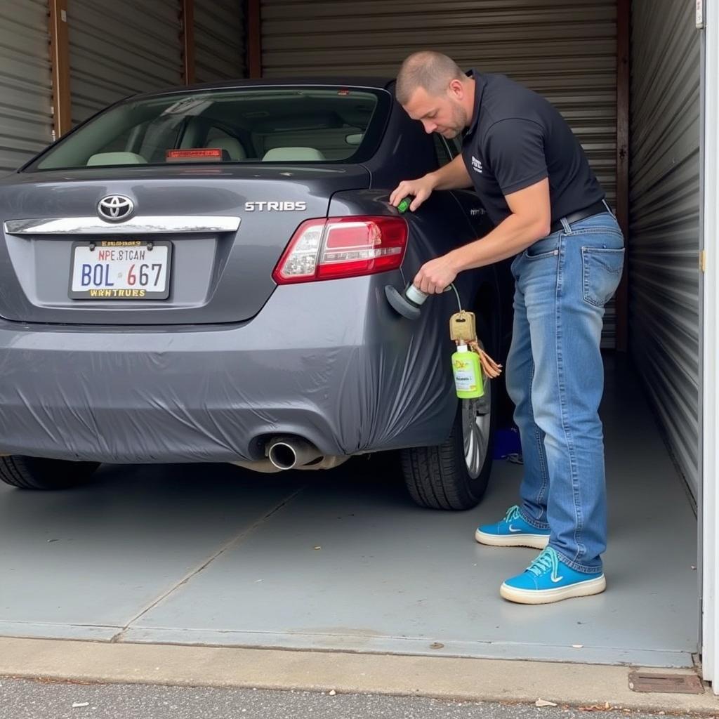 Detailing a car inside a self-storage unit.