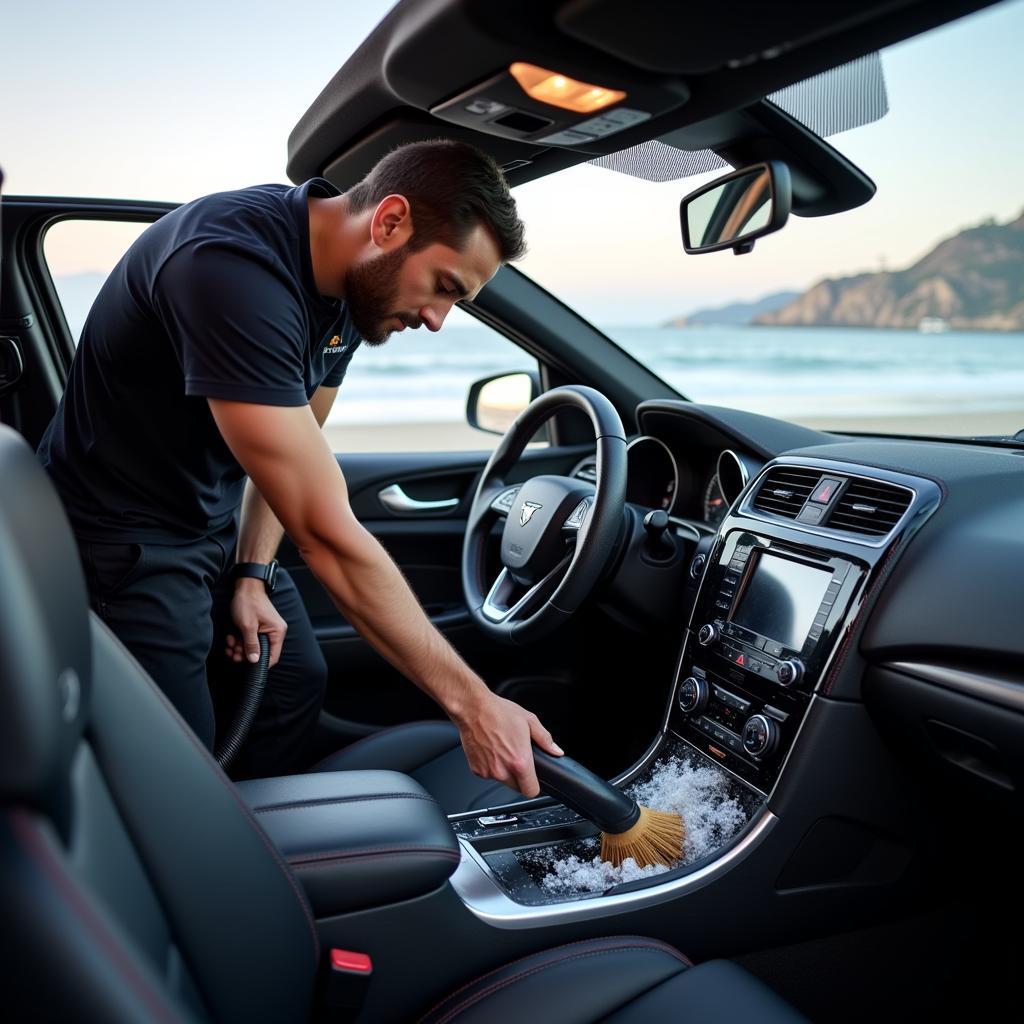 Car detailer vacuuming the interior of a car in Santa Monica