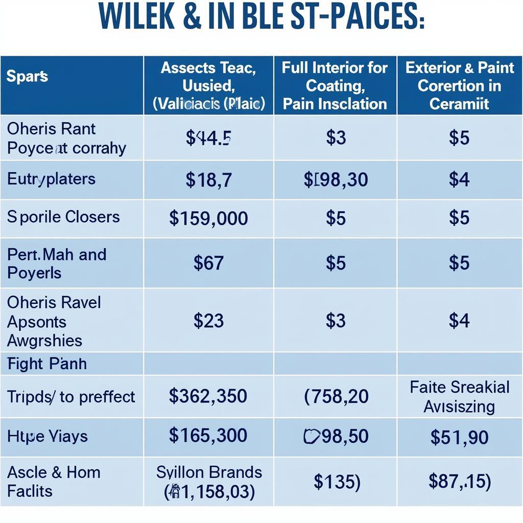 Car Detailing Price Comparison Chart