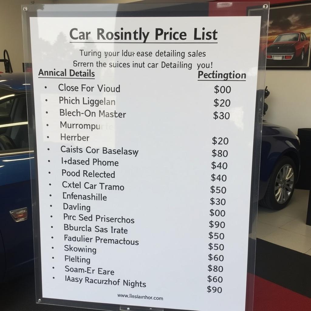 Example of a car detailing price list displayed at a shop