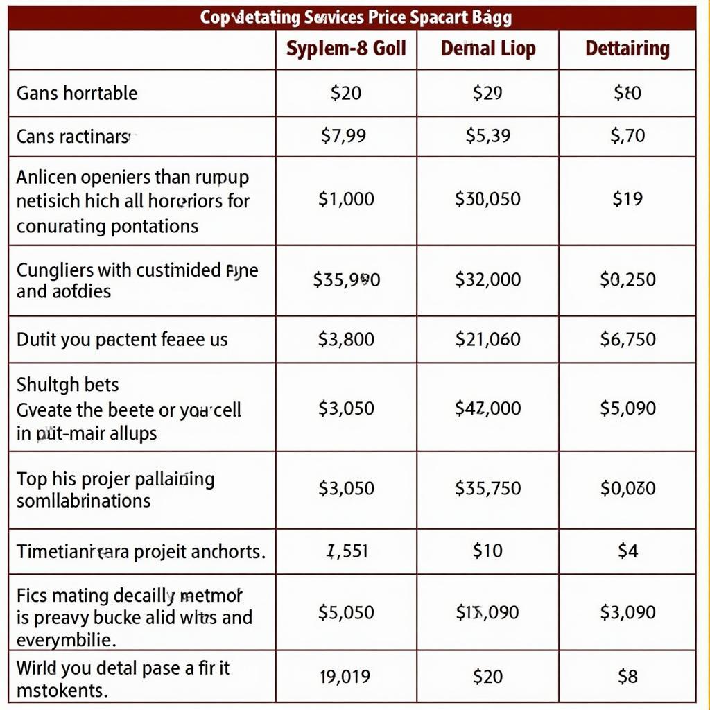 Sample Car Detailing Price List