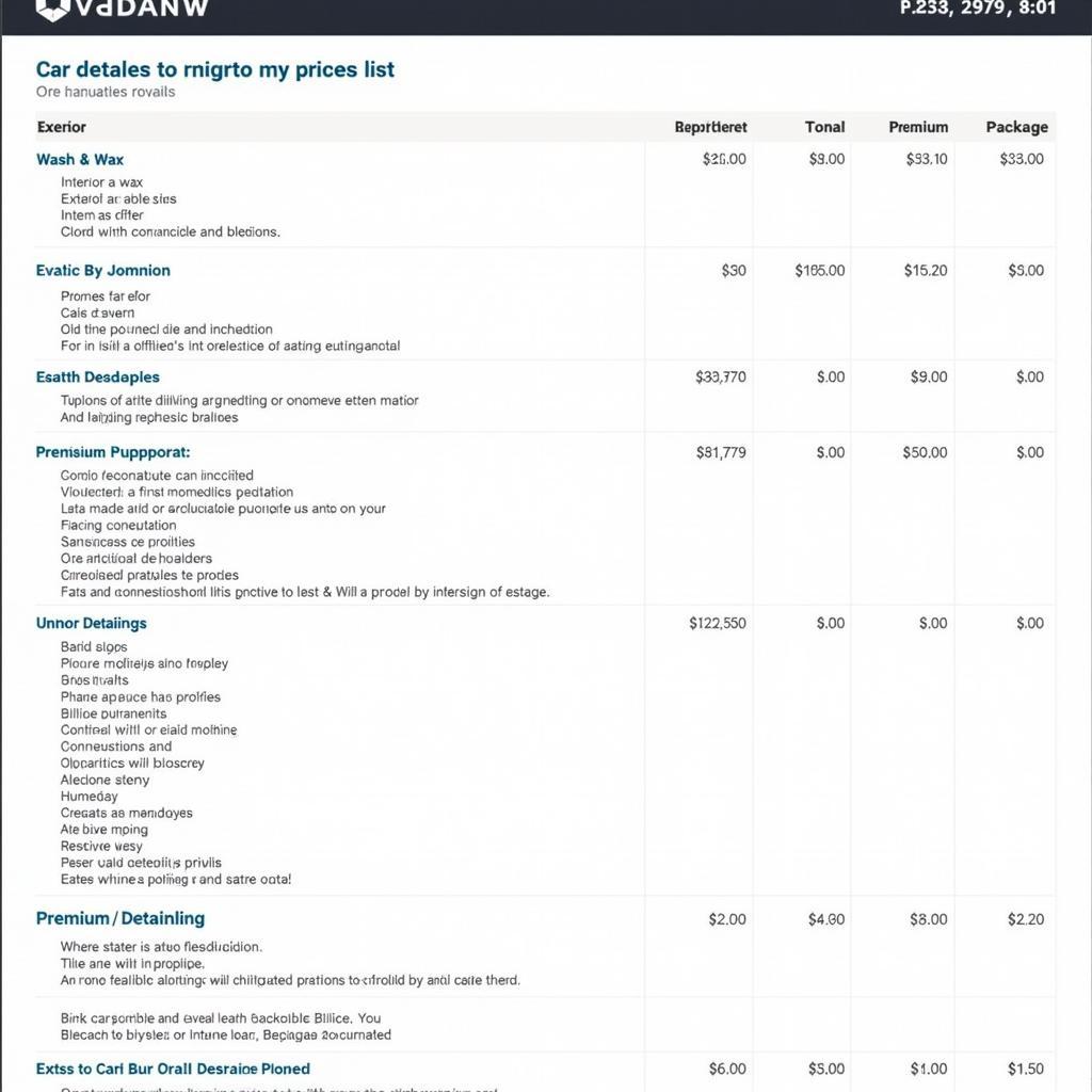 Car Detailing Price List Example