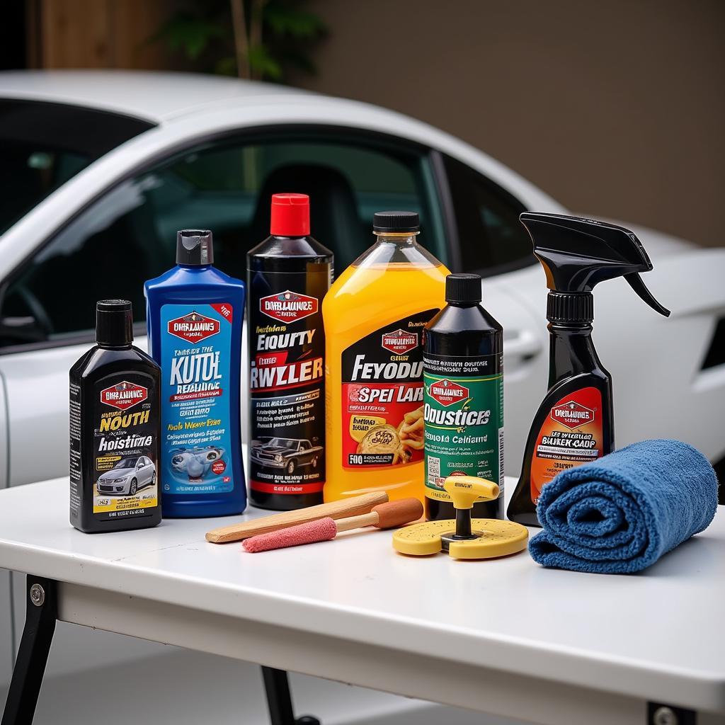 Car Detailing Product Selection: Various Bottles and Tools for Different Stages