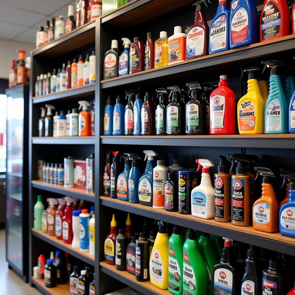 Car detailing products arranged on a shelf in a Calgary shop.