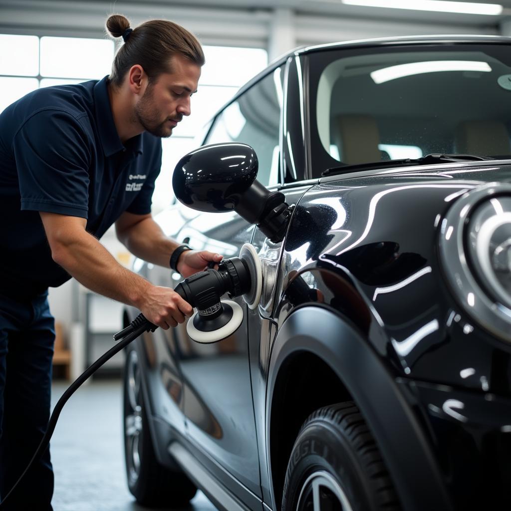 A professional car detailer using specialized equipment.