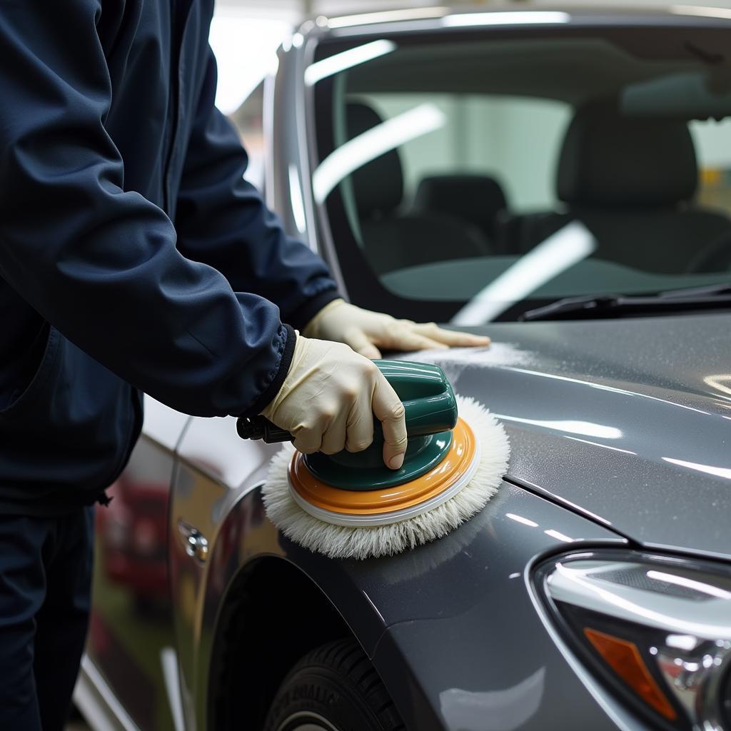 A car detailing professional applying polish to a car