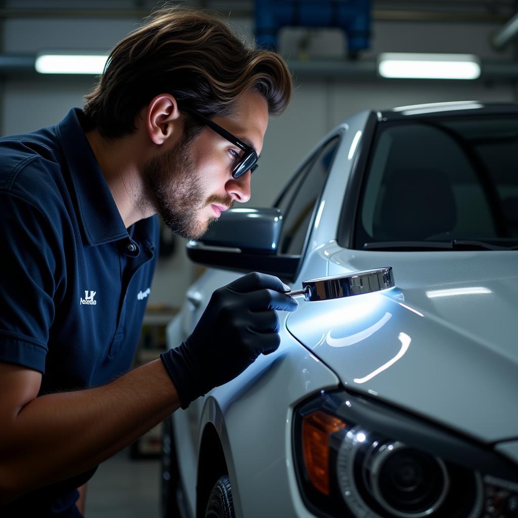 A car detailing expert inspecting a car's paint.