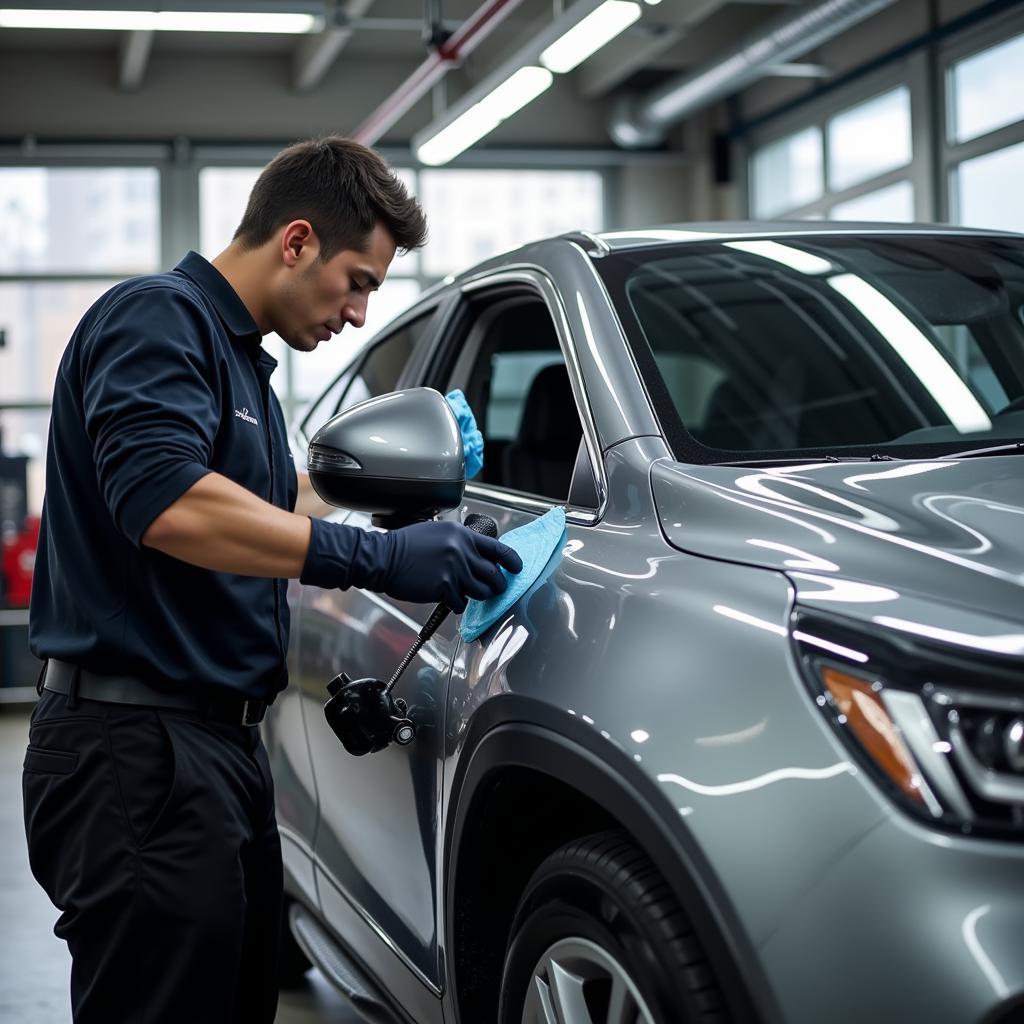 Professional car detailing in a modern garage