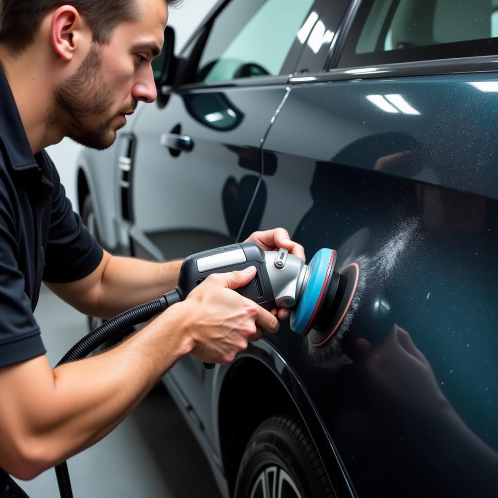 Car detailer using a polisher to remove scratches