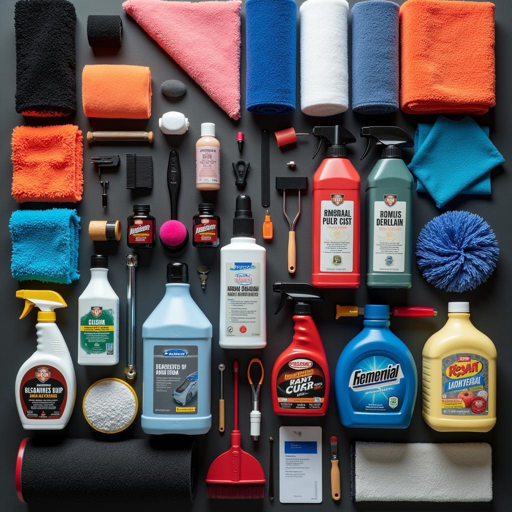 Car detailing supplies laid out on a table.