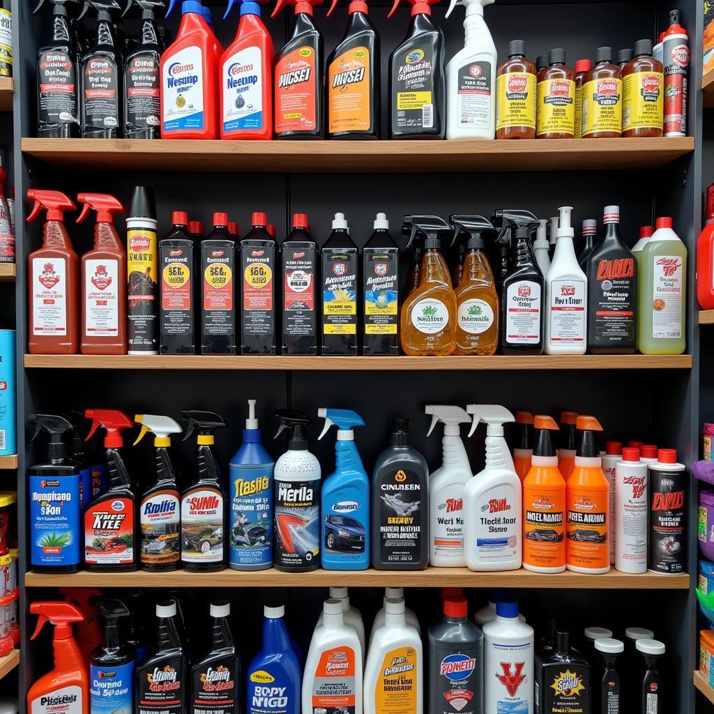 Car detailing supplies arranged on shelves