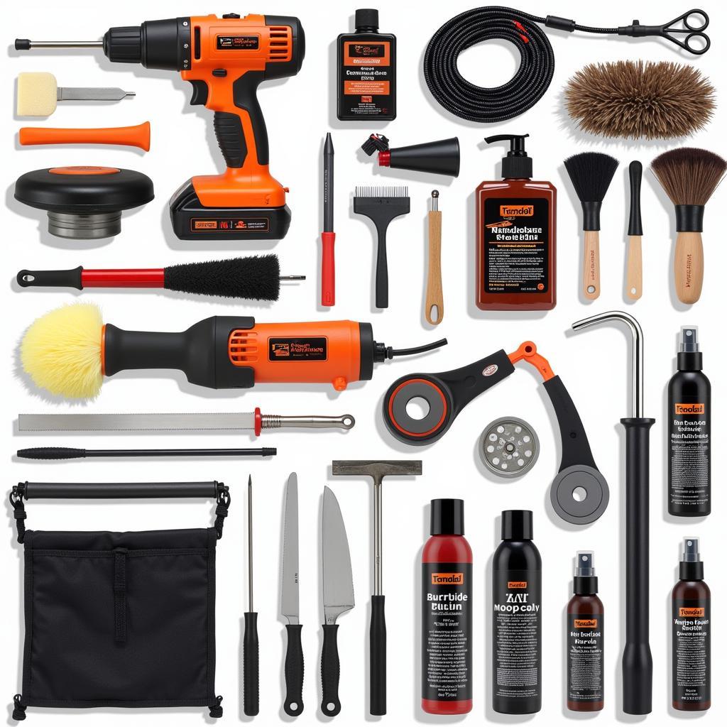 An assortment of car detailing tools and products