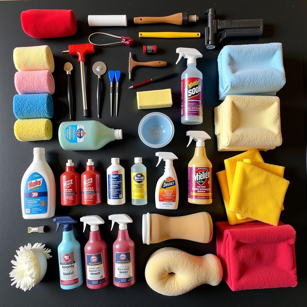 Car detailing tools and supplies laid out on a workbench.